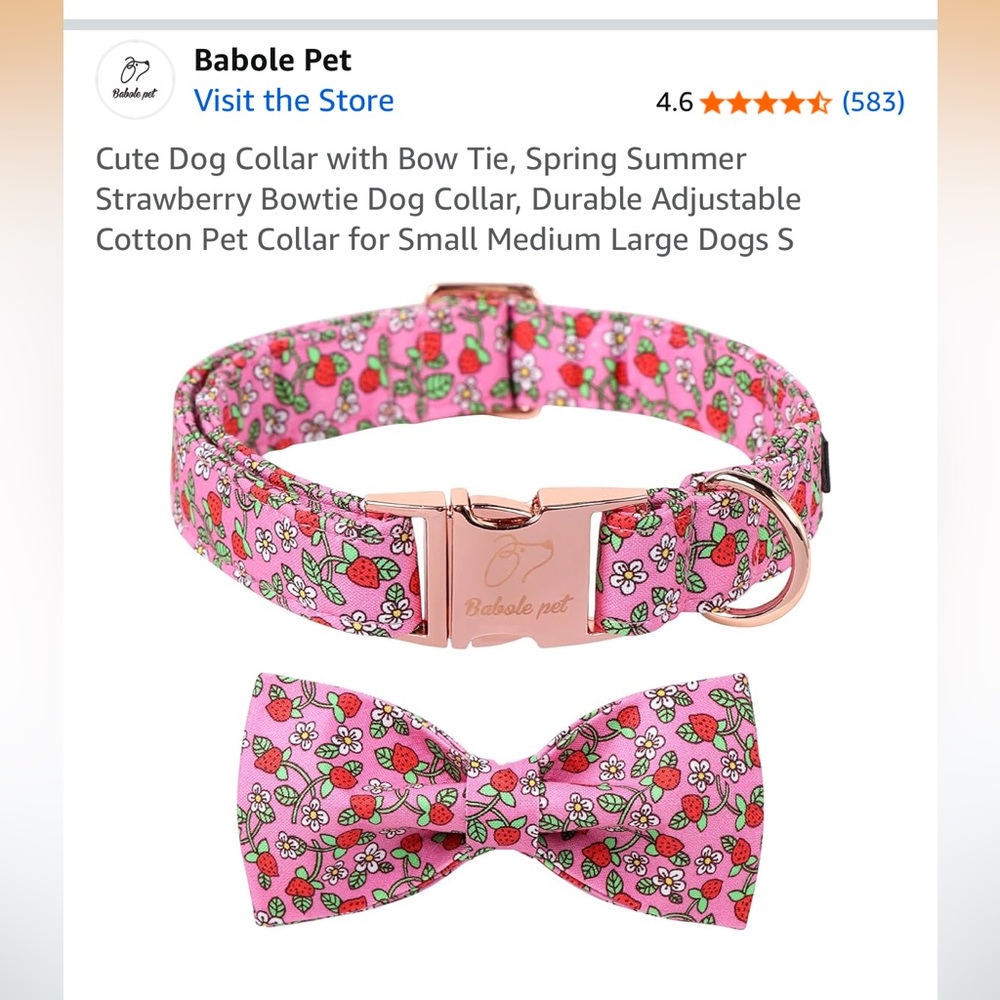Babole Pet Pink Strawberry Dog Collar with Bow Tie